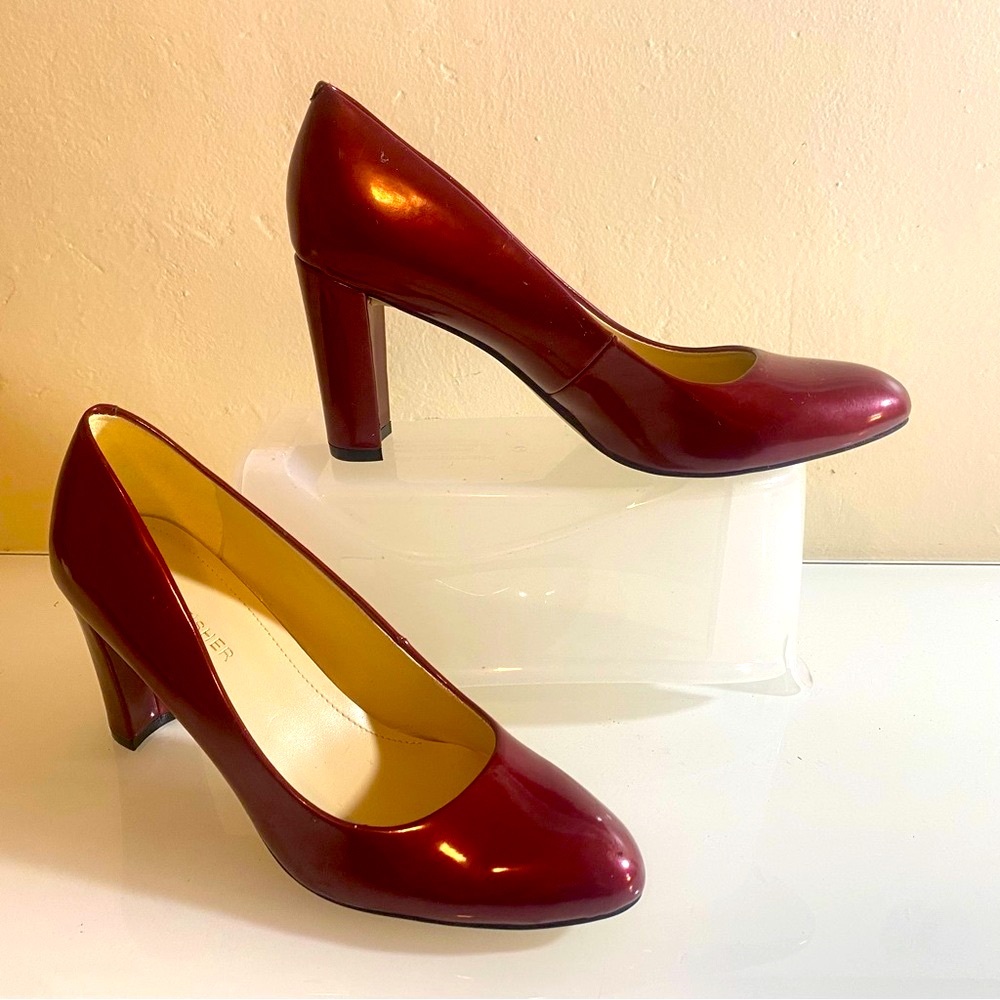 Marc Fisher Patent Leather Block Heel Pumps Wine-Red Size 71/2